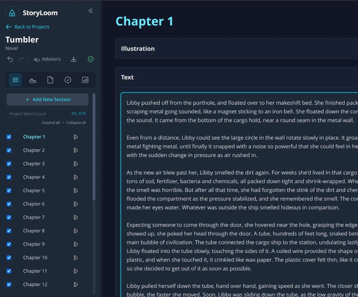 StoryLoom with Chapter 1 of Tumbler open: chapter list on the left, manuscript in the middle, assistant panel on the right