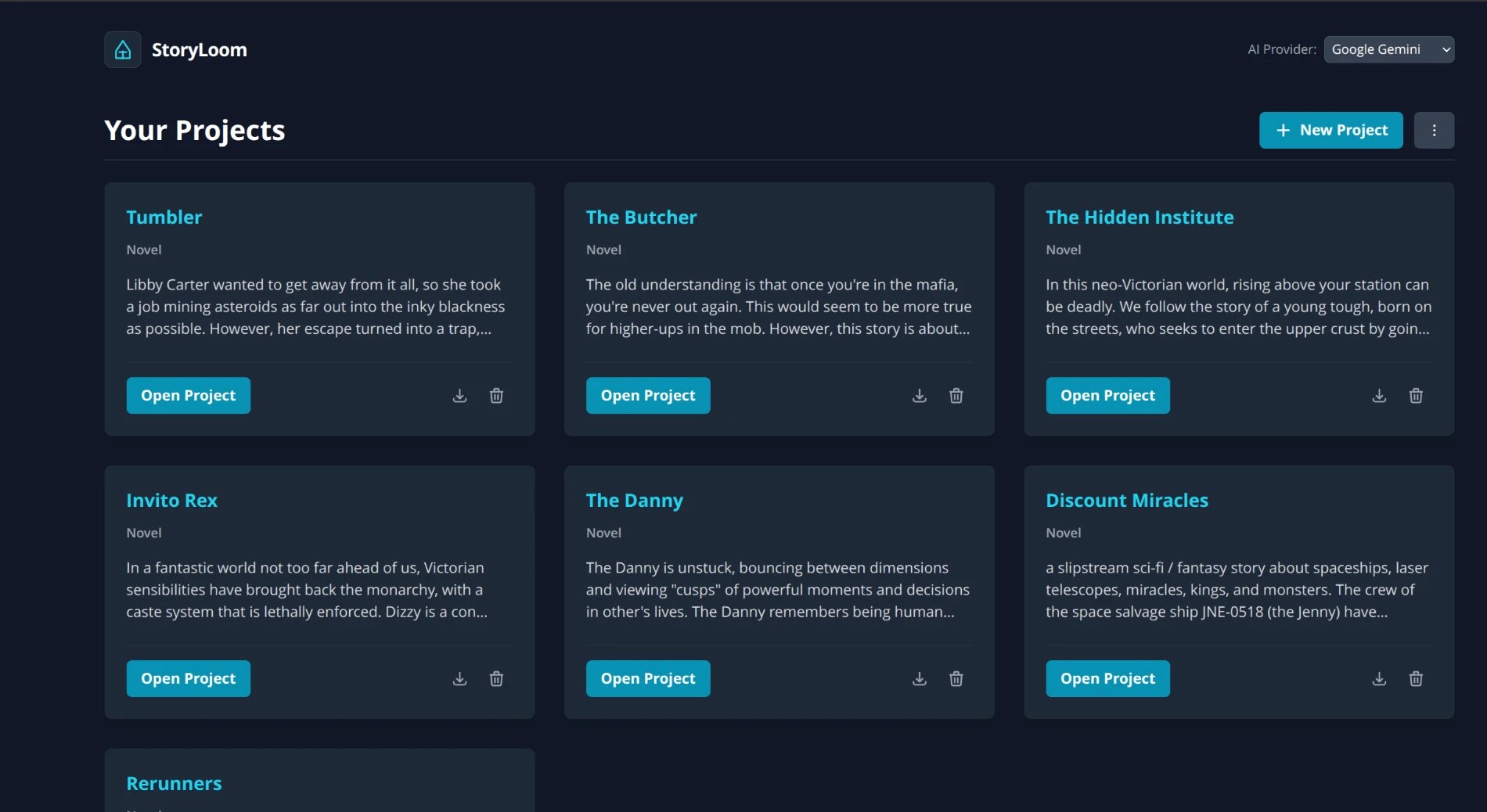 The StoryLoom project list, showing seven novels side by side