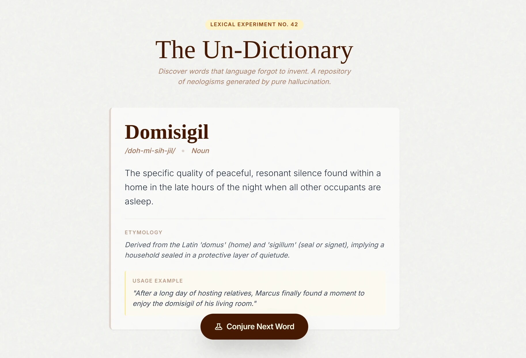 The Un-Dictionary displaying an invented word, Domisigil, with its pronunciation, definition, etymology and a usage example
